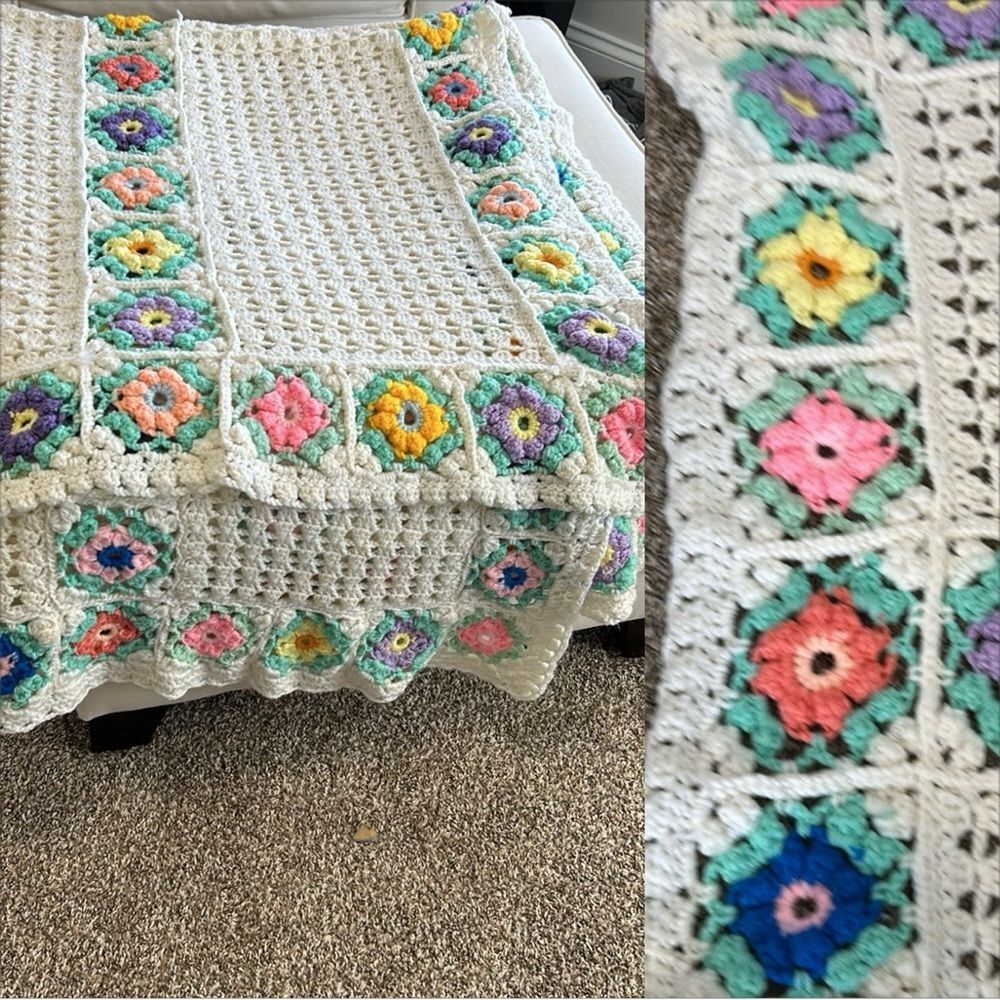 Vintage Hand Crocheted Granny Floral Cottagecore Boho Throw Blanket Afghan